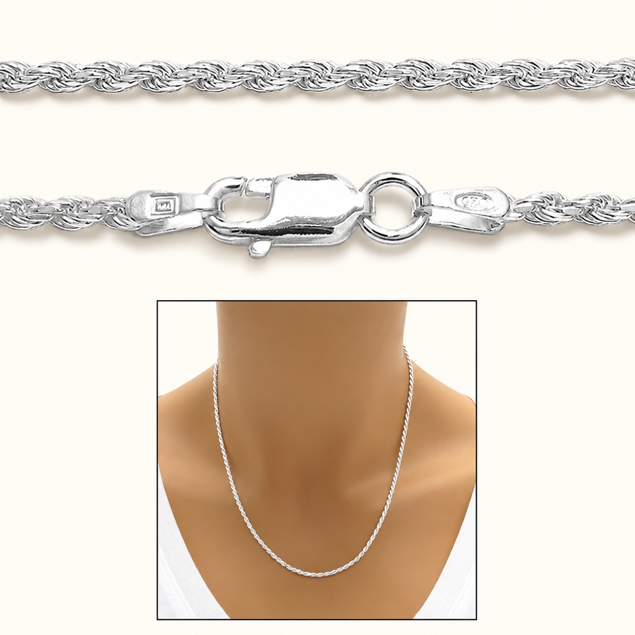 Diamond-Cut Sterling Silver Rope Chain — 2mm