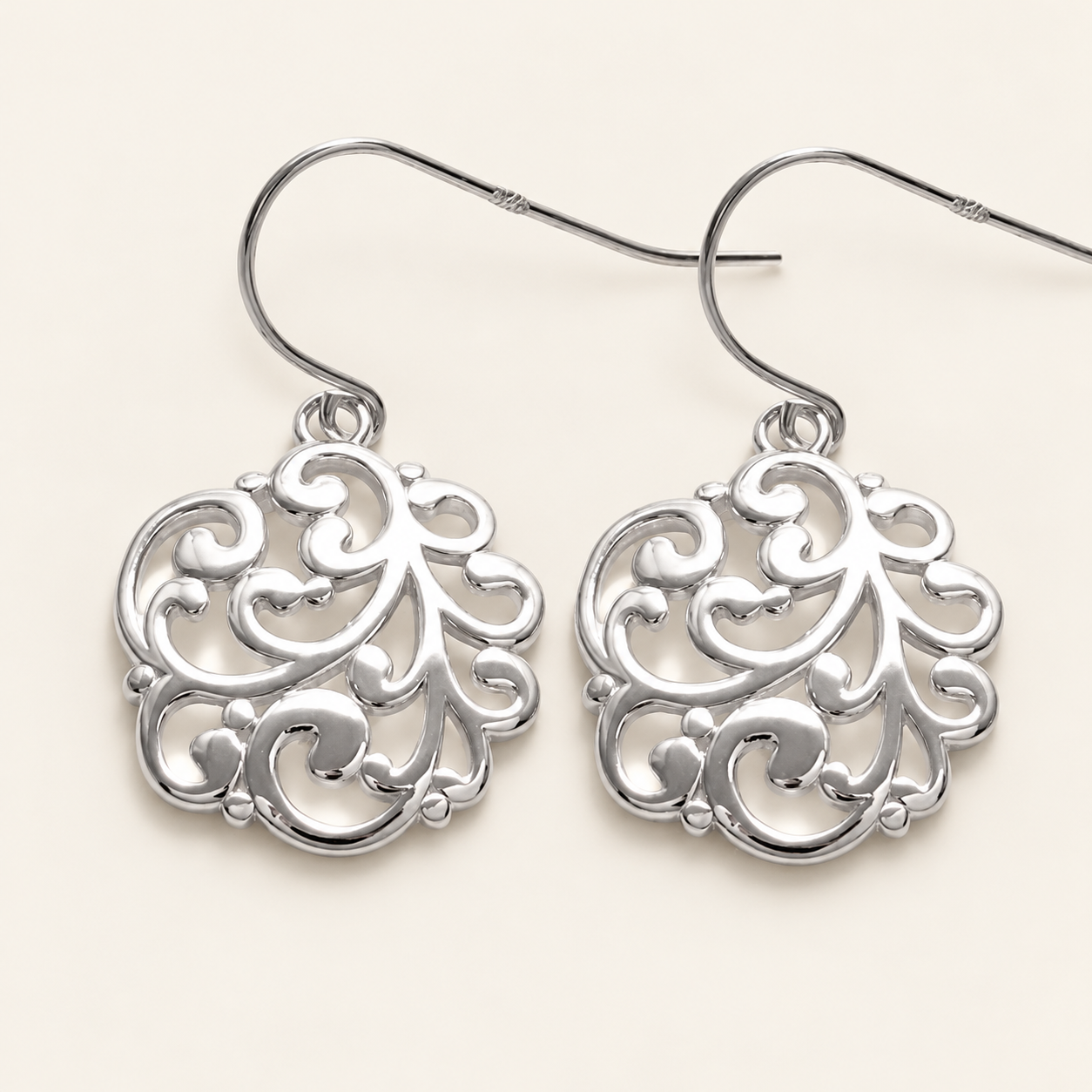 Round Filigree Silver Drop Earrings