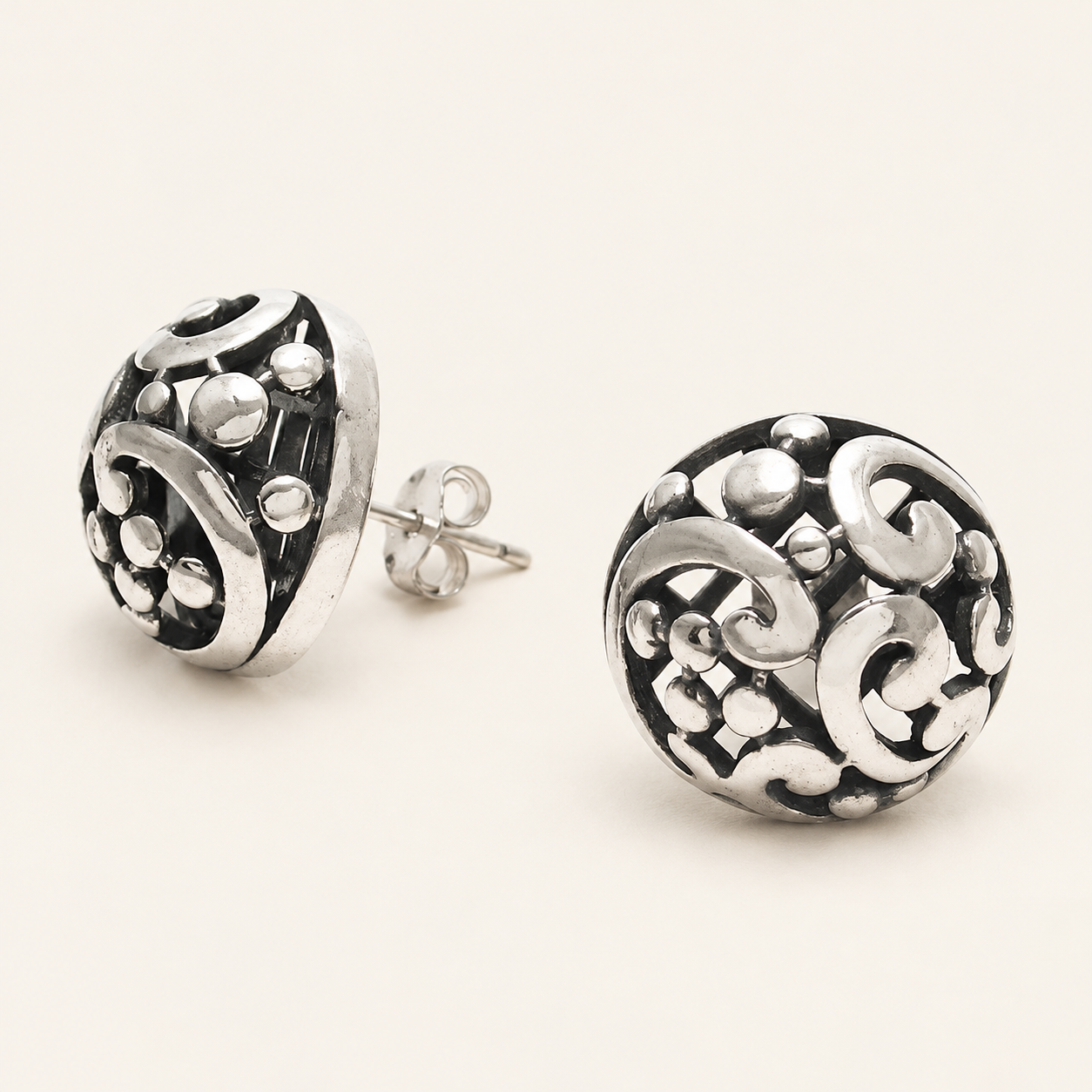Domed Filigree Silver Stud Earrings