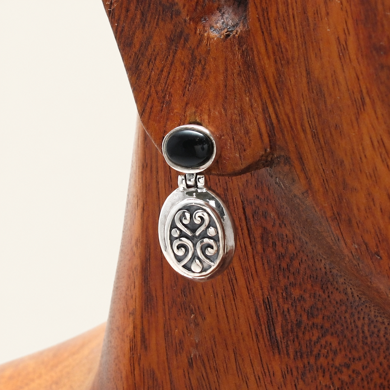 Heart and Swirl Black Onyx Silver Stud Earrings