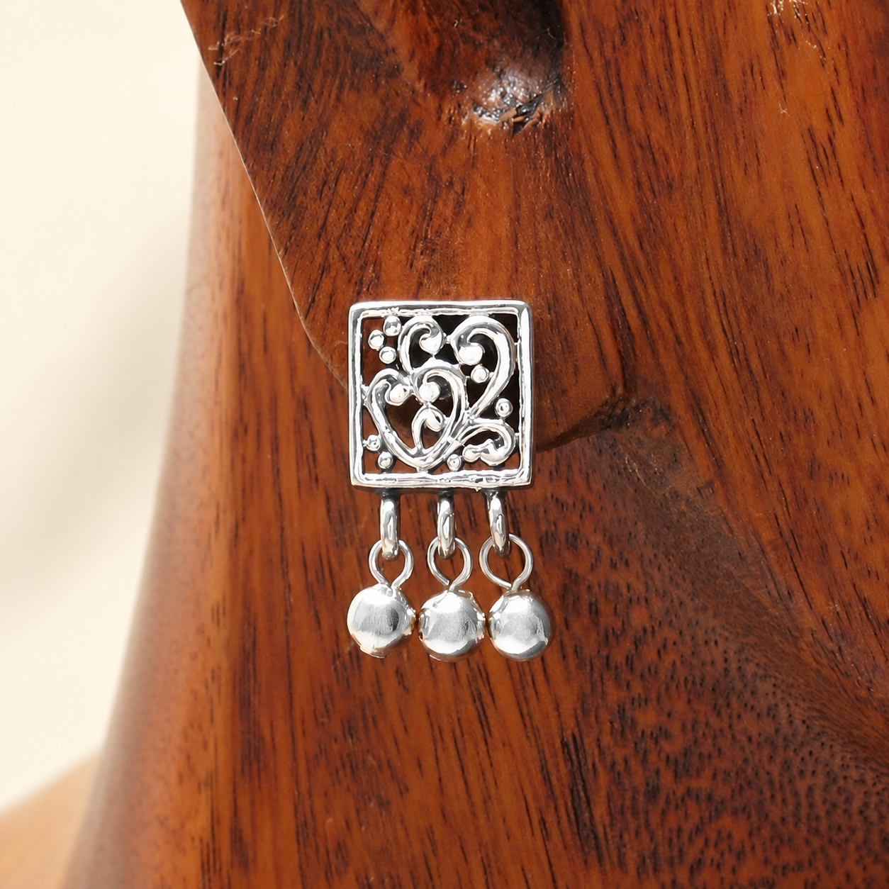 Bead and Heart Silver Drop Earrings