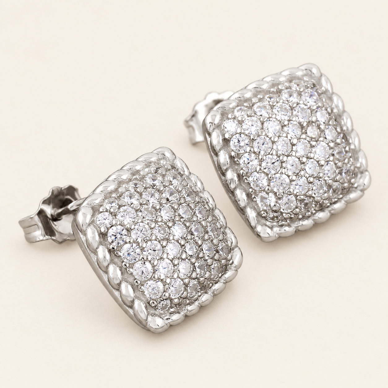 Rope Edge CZ Square Silver Stud Earrings