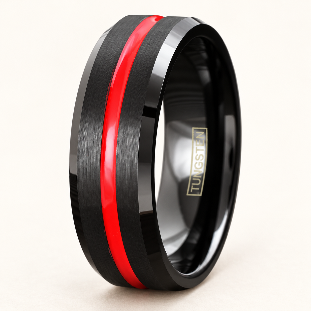 Black Tungsten Red Enamel Stripe Band