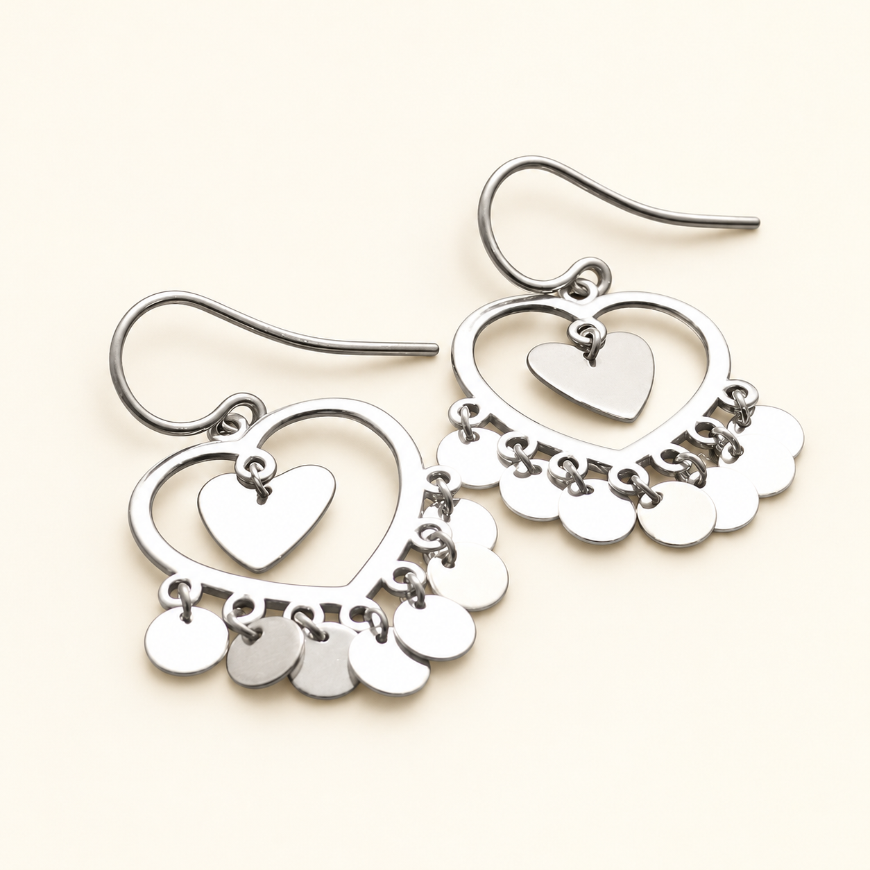 Heart and Circle Cutout Silver Earrings