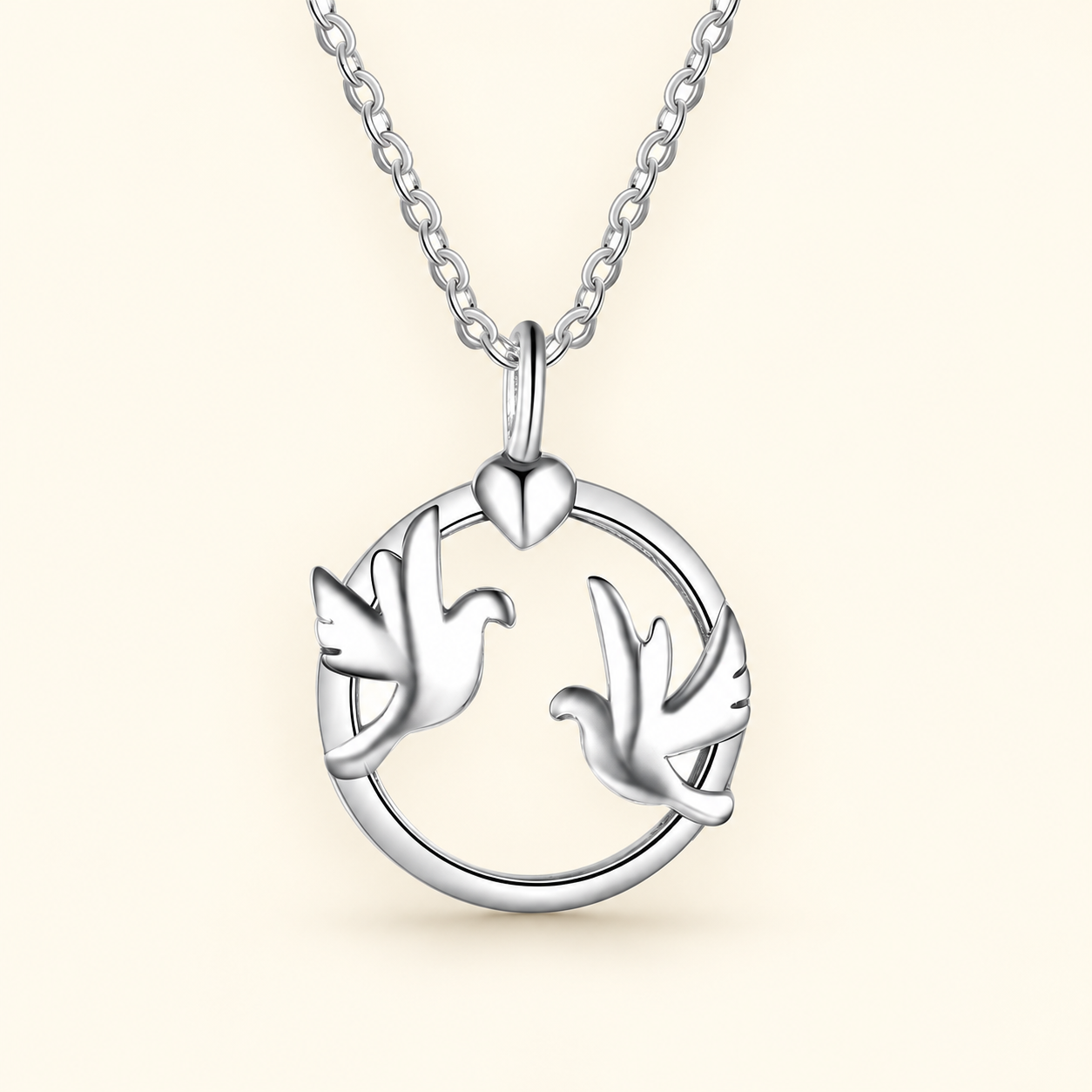 Love Birds and Hearts Silver Necklace