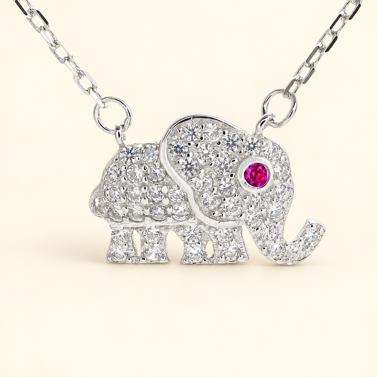 Pink-Eye CZ Elephant Silver Necklace