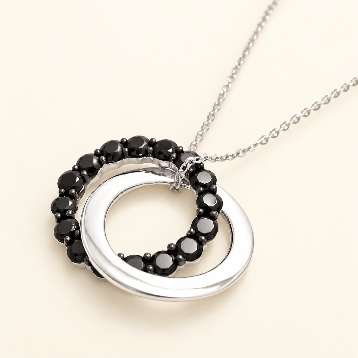 Black CZ Double Ring Silver Necklace