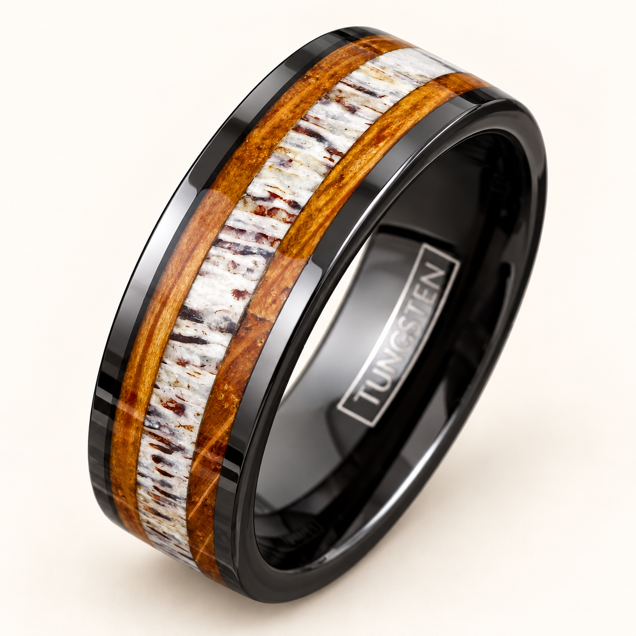 Black Tungsten Antler and Whiskey Wood Band