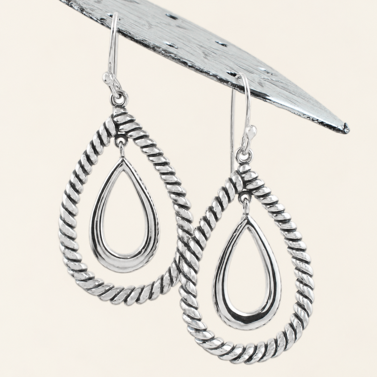 Twisting Rope Teardrop Silver Earrings