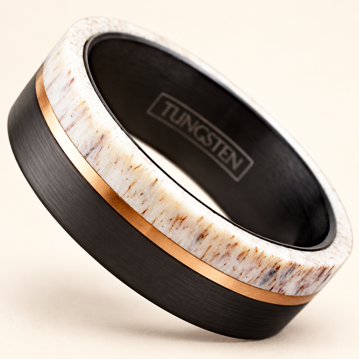 Black Tungsten Deer-Antler Rose-Gold Stripe Band