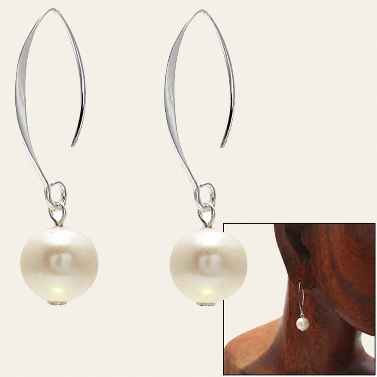 Round Faux Pearl Silver Drop Earrings