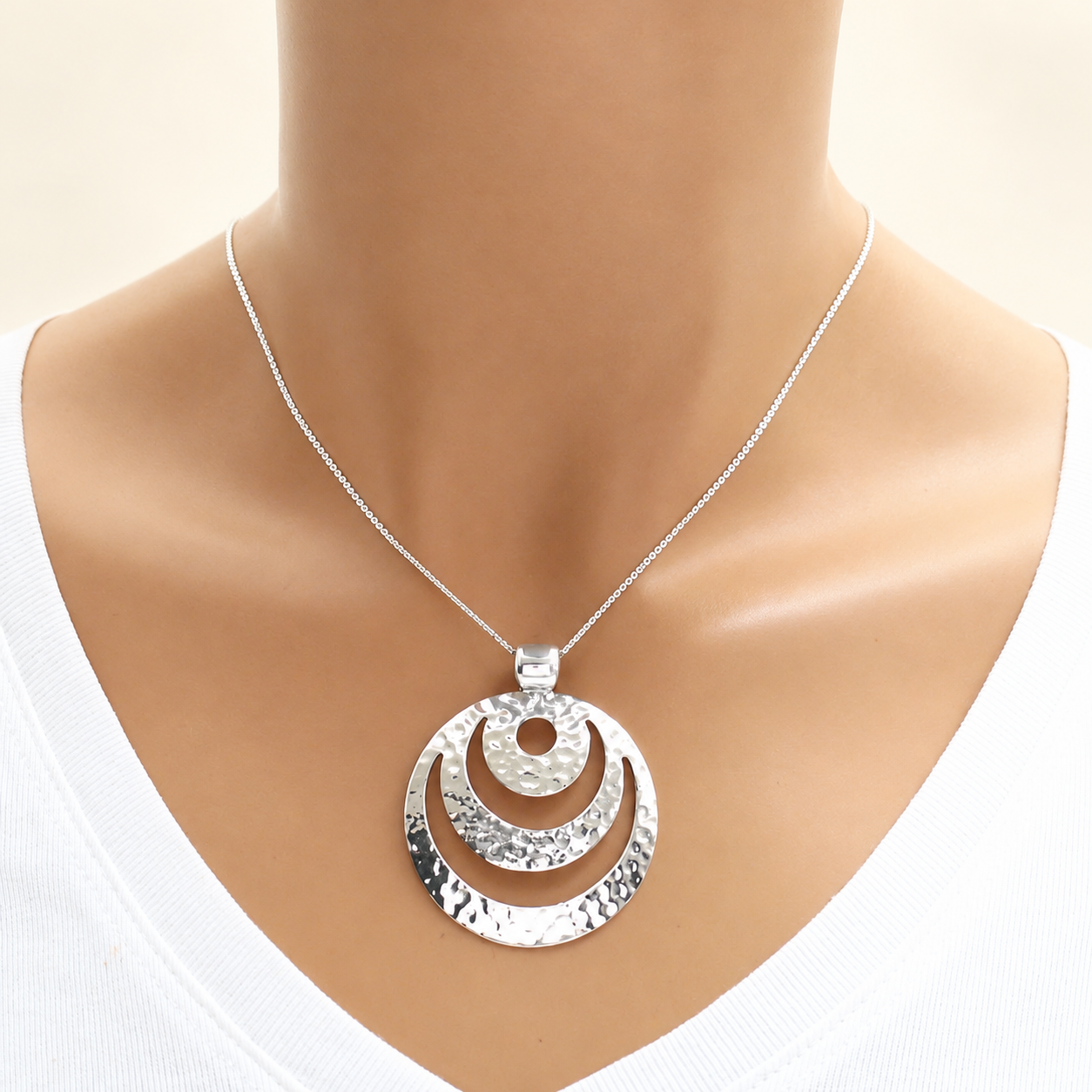 Hammered Crescent Circle Silver Pendant