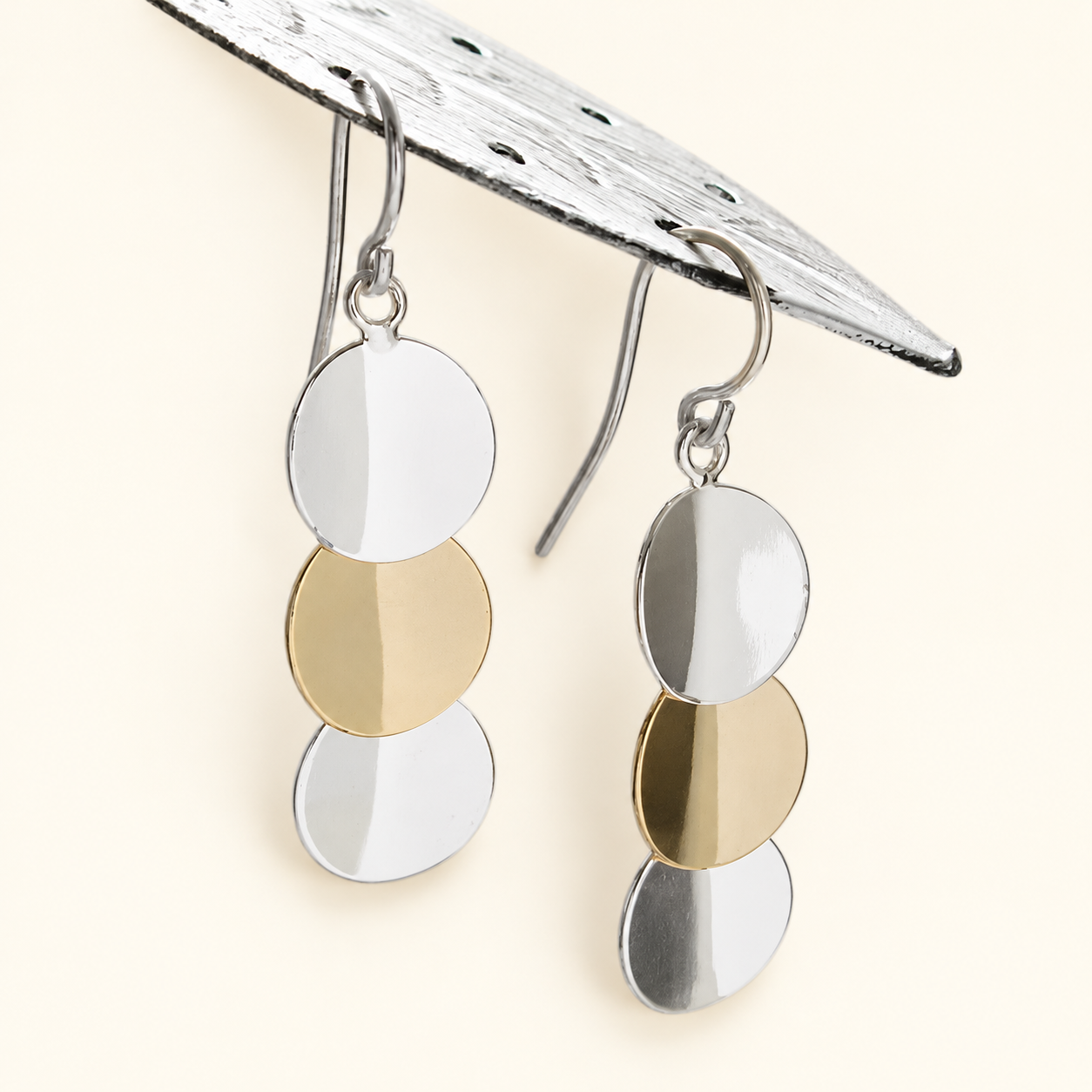 Two-Tone Curved Silver Drop Earrings