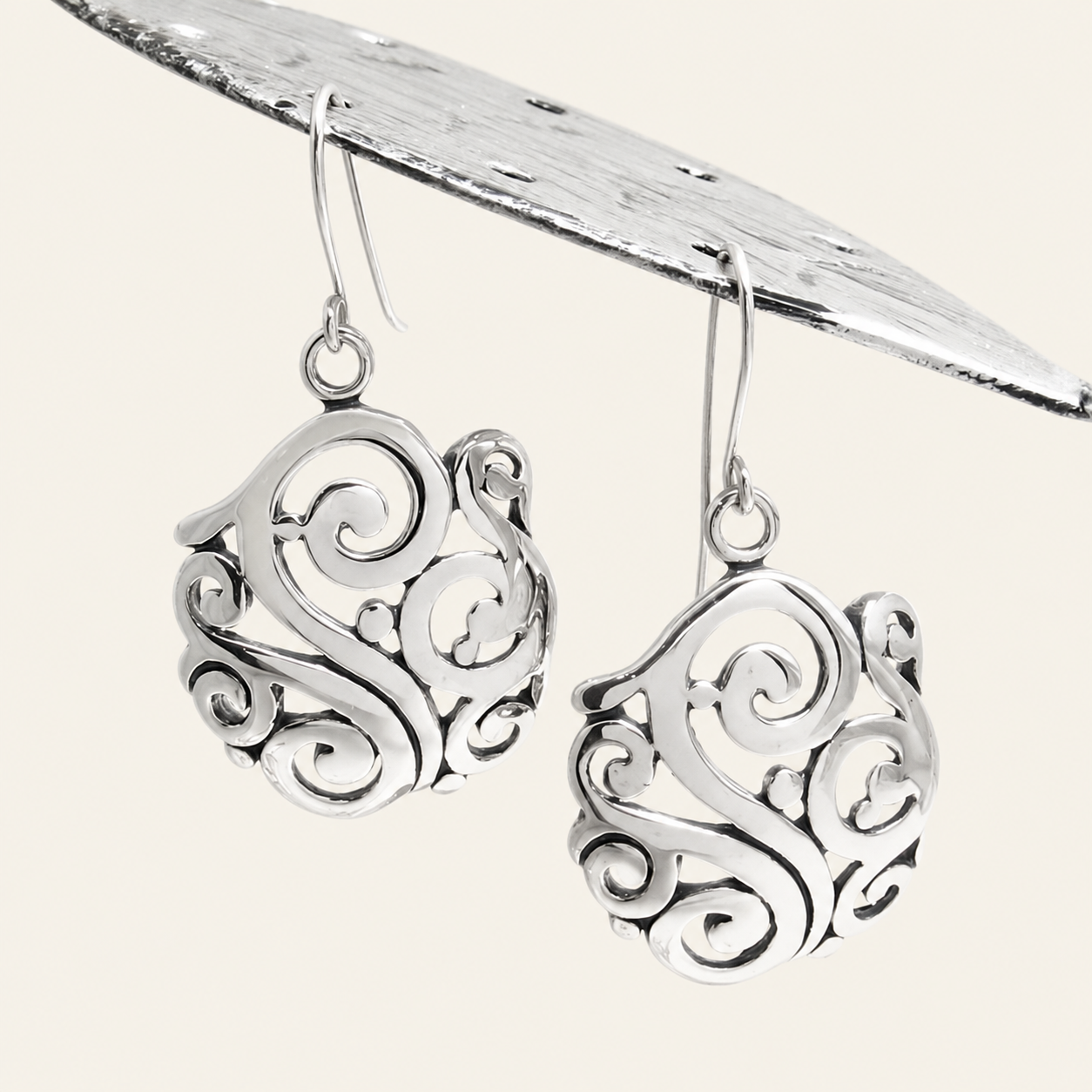 Swirl and Dot Silver Drop Earrings