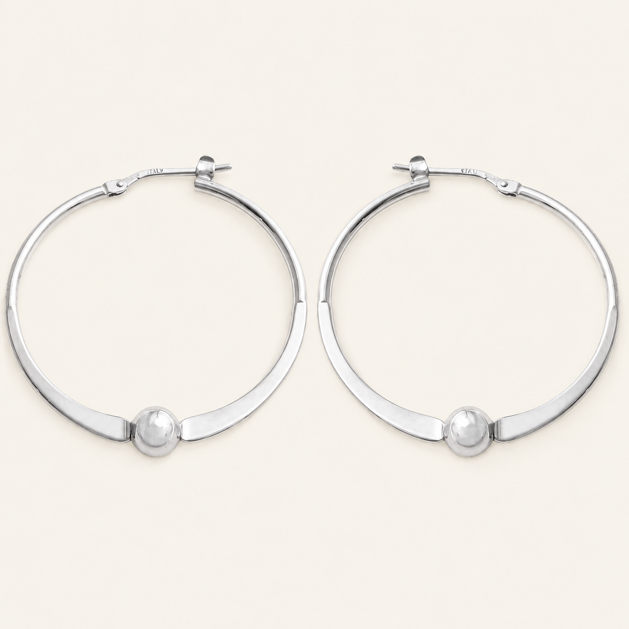 Flat Hoop Ball Latch Silver Earrings