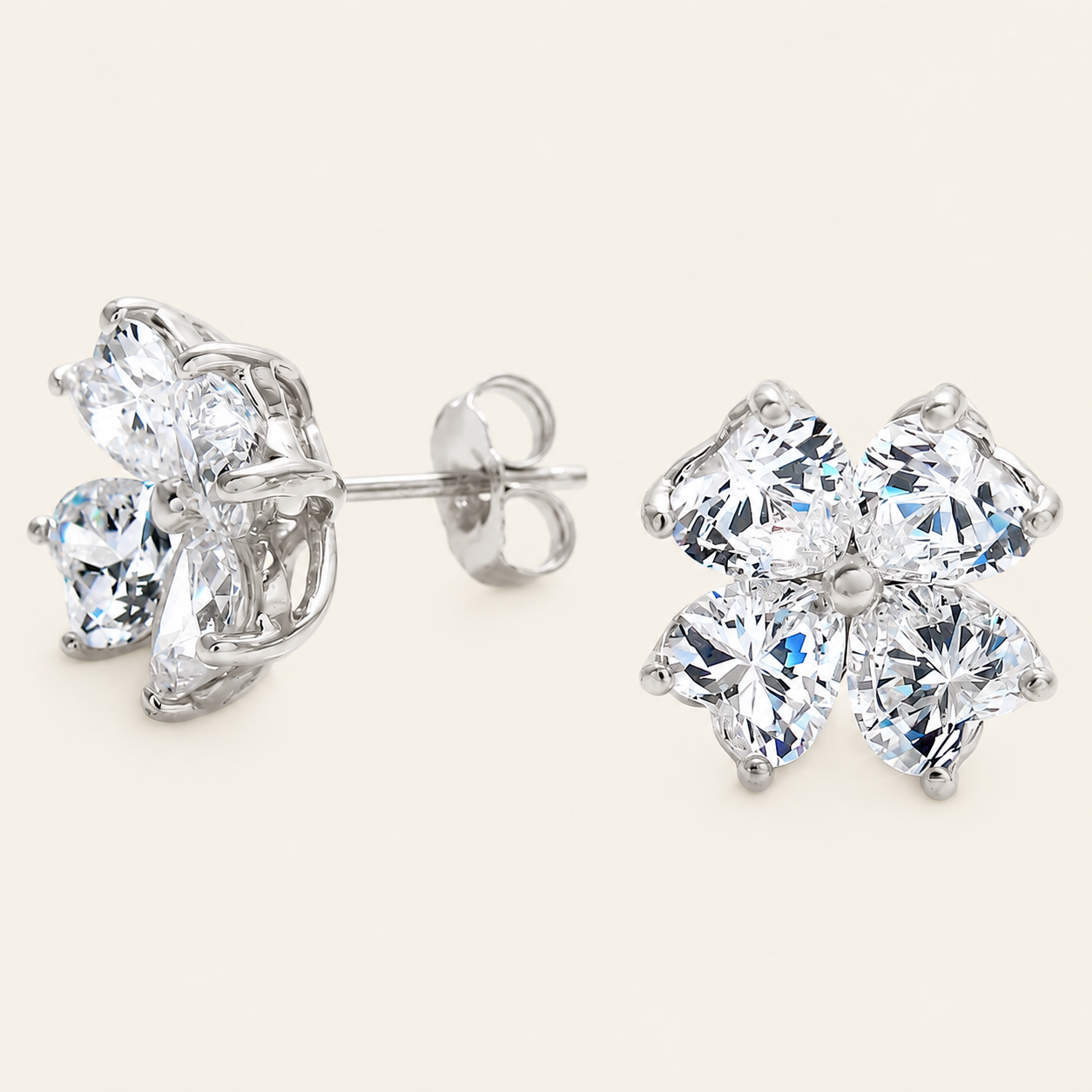 Heart-Cut CZ Flower Silver Stud Earrings
