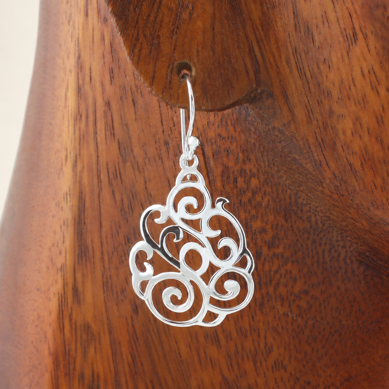 Curved Filigree Teardrop Silver Earrings