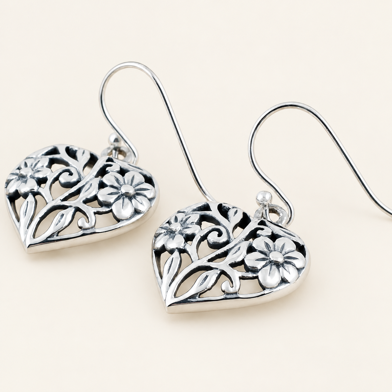 Floral Heart Silver Drop Earrings