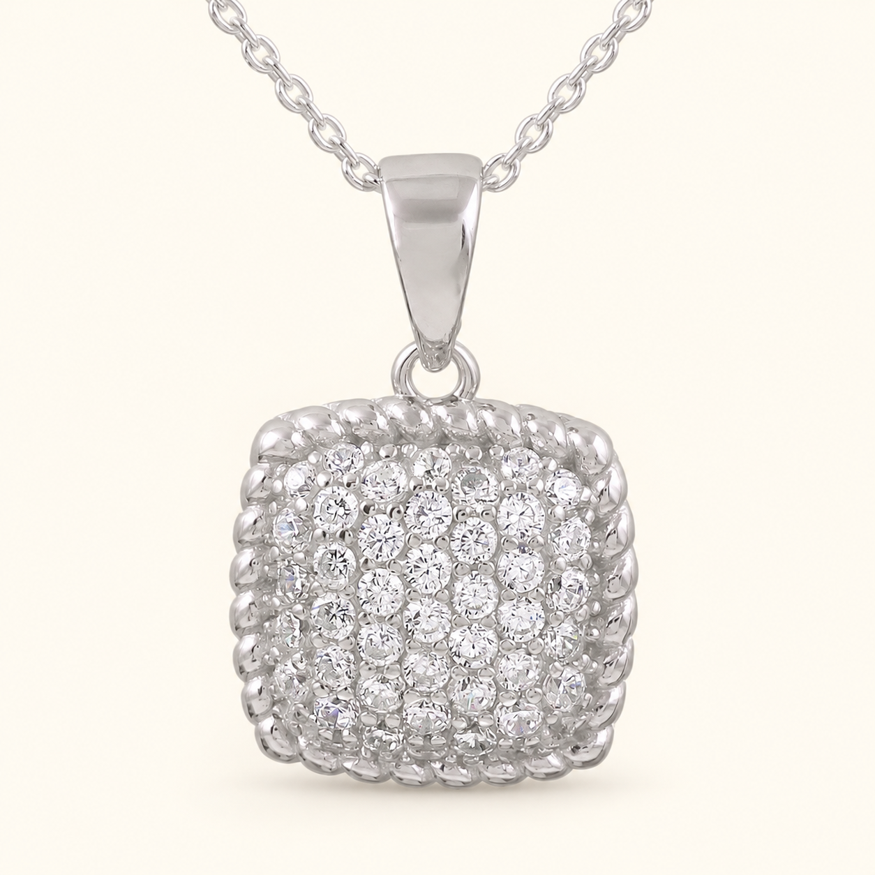 Rope Edge CZ Silver Square Pendant
