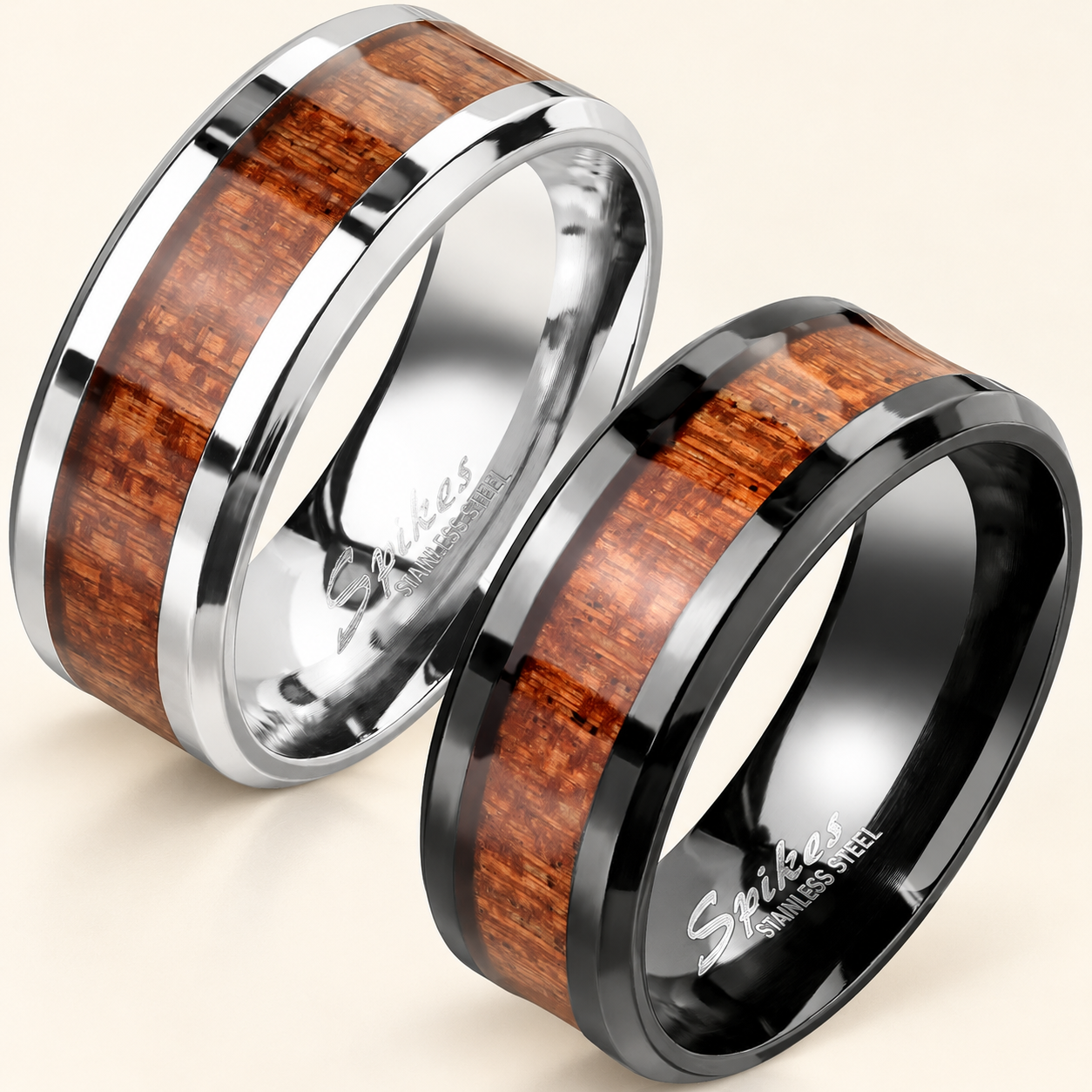 Wood-Inlay Beveled Stainless Steel Band
