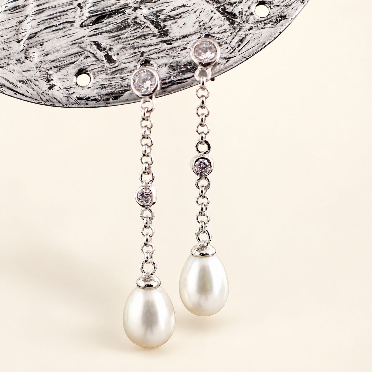 Freshwater Pearl and CZ Silver Drop Earrings